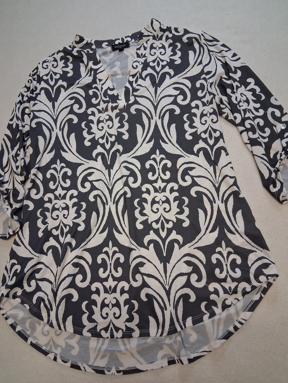 Dark Grey & White Patterned V-Neck Tunic Top - 3/4 Sleeve - Picture 2 of 6